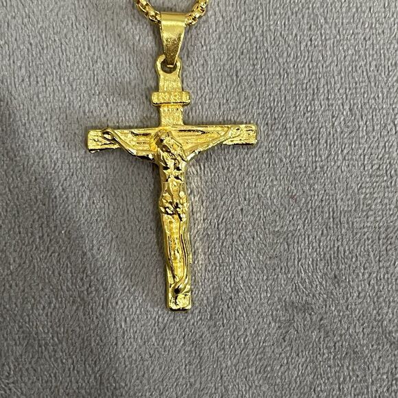 GOLD Tone  INRI CRUCIFIX Cross on 24” Palma CHAIN Christian Jesus Catholic - Picture 6 of 7